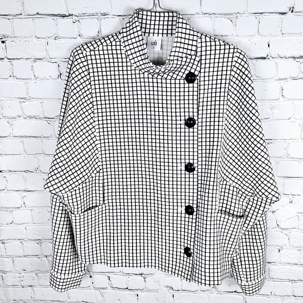 CABI | windowpane plaid asymmetrical button close jacket